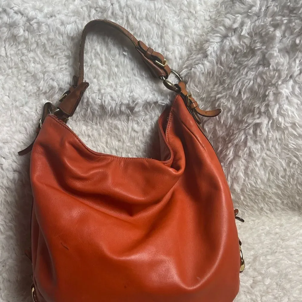 Lauren Ralph Lauren Large Leather Orange Red Hobo Bag Brown strap and trims.